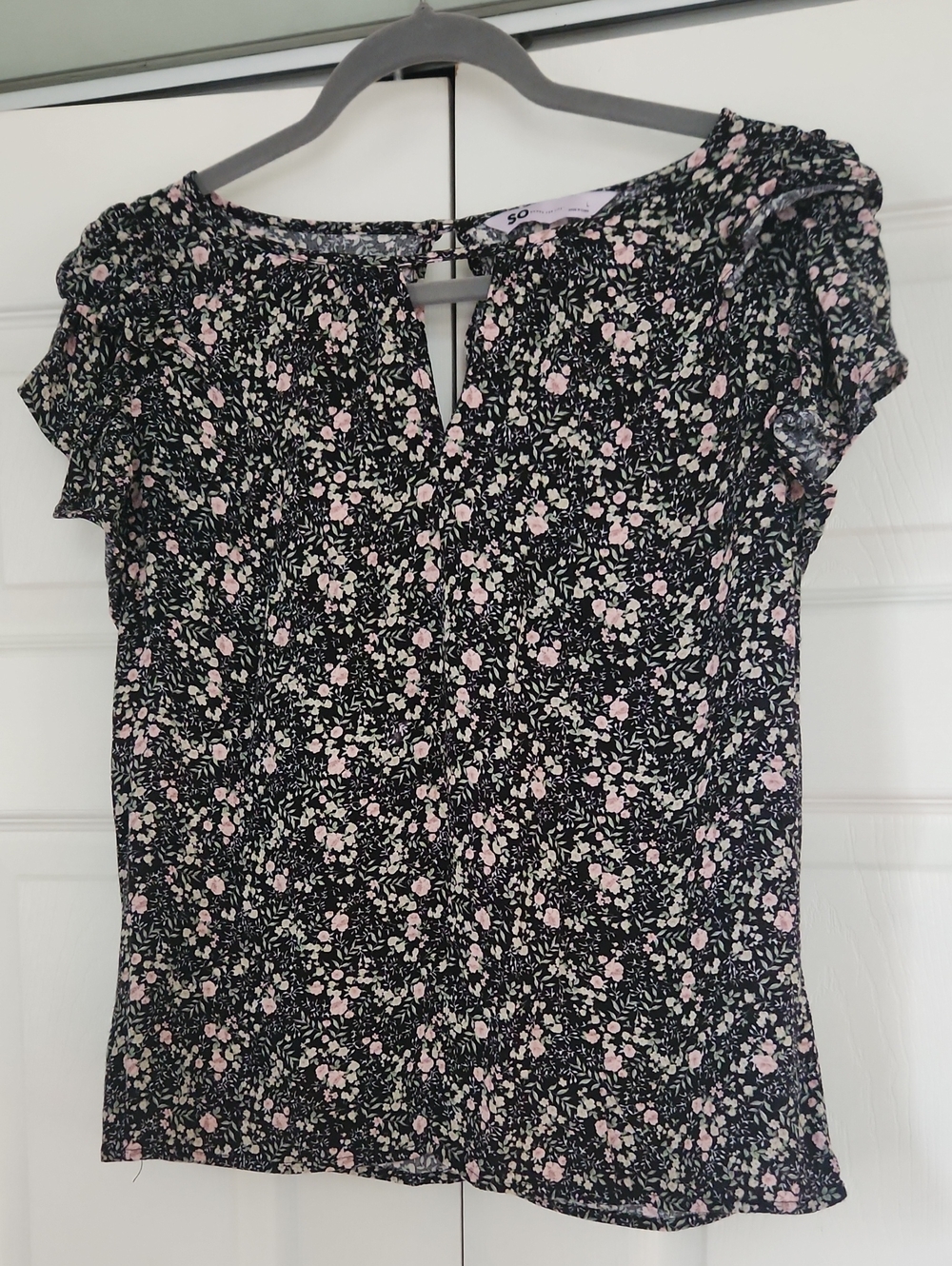 SO Black Floral Blouse with Pink and Cream Blossom Print